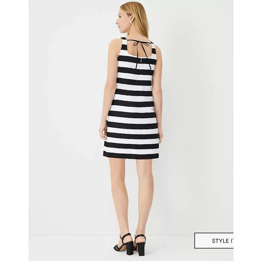 NWT Ann Taylor Square Neck Sleeveless Shift Dress Black White Linen Mini Size 10